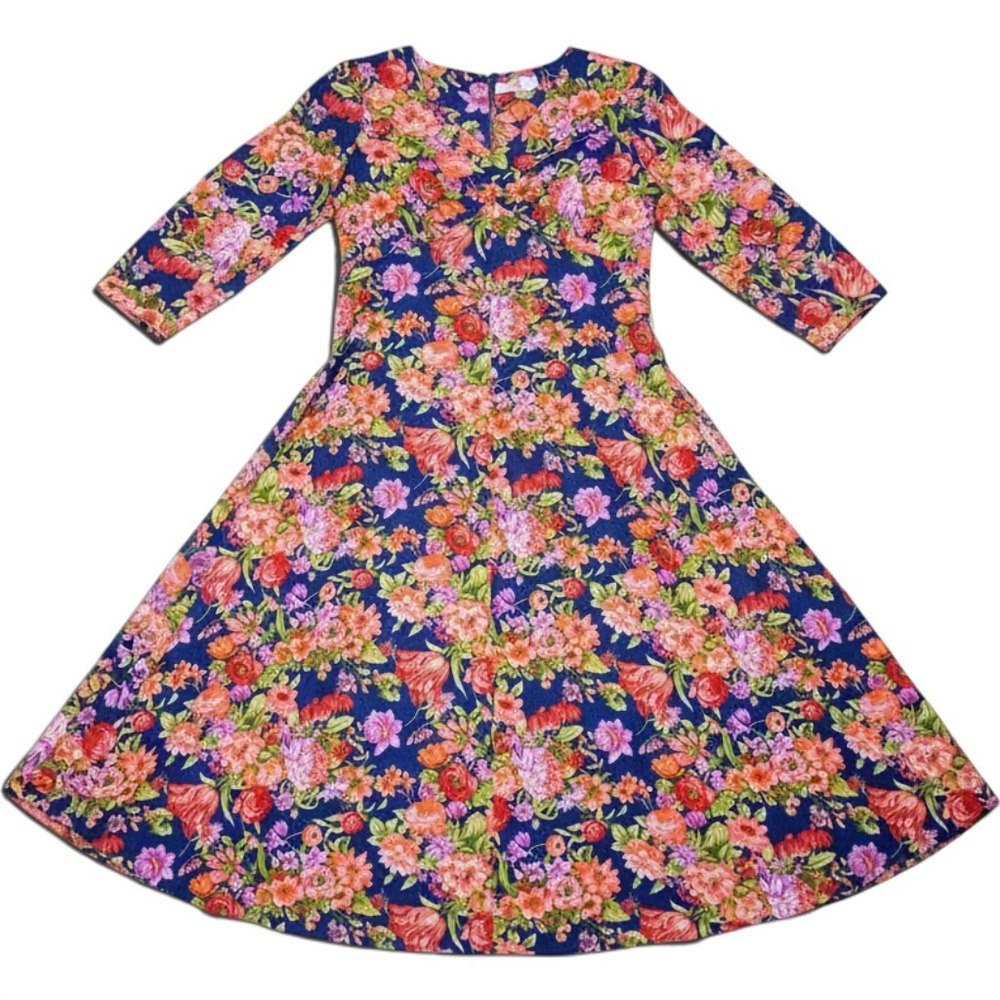 Vintage 70s Floral Midi Dress Navy V-Neck 3/4 Sleeve Retro A-Line
